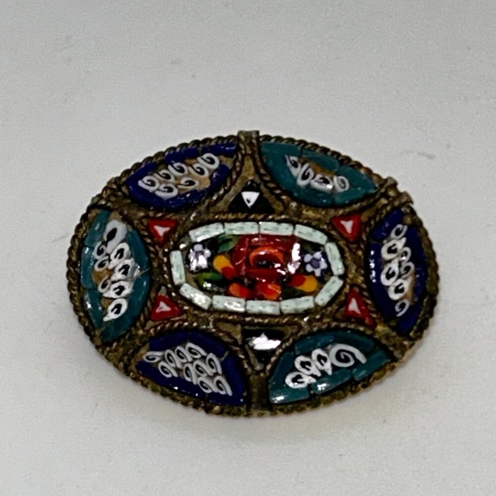 Vintage IMicro Mosaic Oval Brooch Floral Gold-Tone C-Clasp Made in Italy - Picture 3 of 16